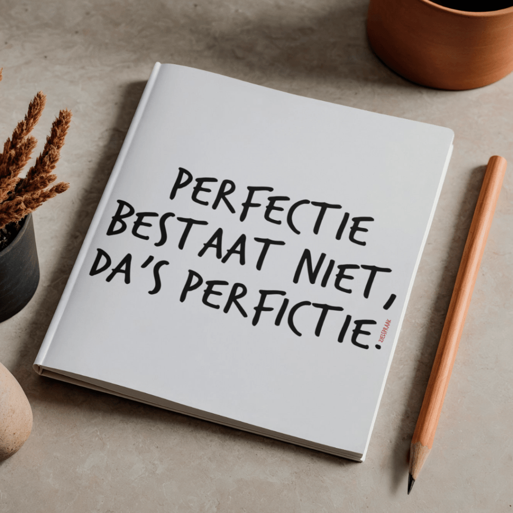 De quote "Perfectie bestaat niet, da's perfictie", waarmee Ivy Pelkmans van Zielspraak een award won, gedrukt in een schriftje.
